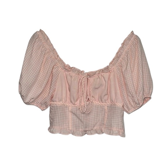 Le Lis Tops - Le Lis Top Women’s Size Small Pink Gingham Milkmaid Crop Blouse Puff Sleeves NWT
